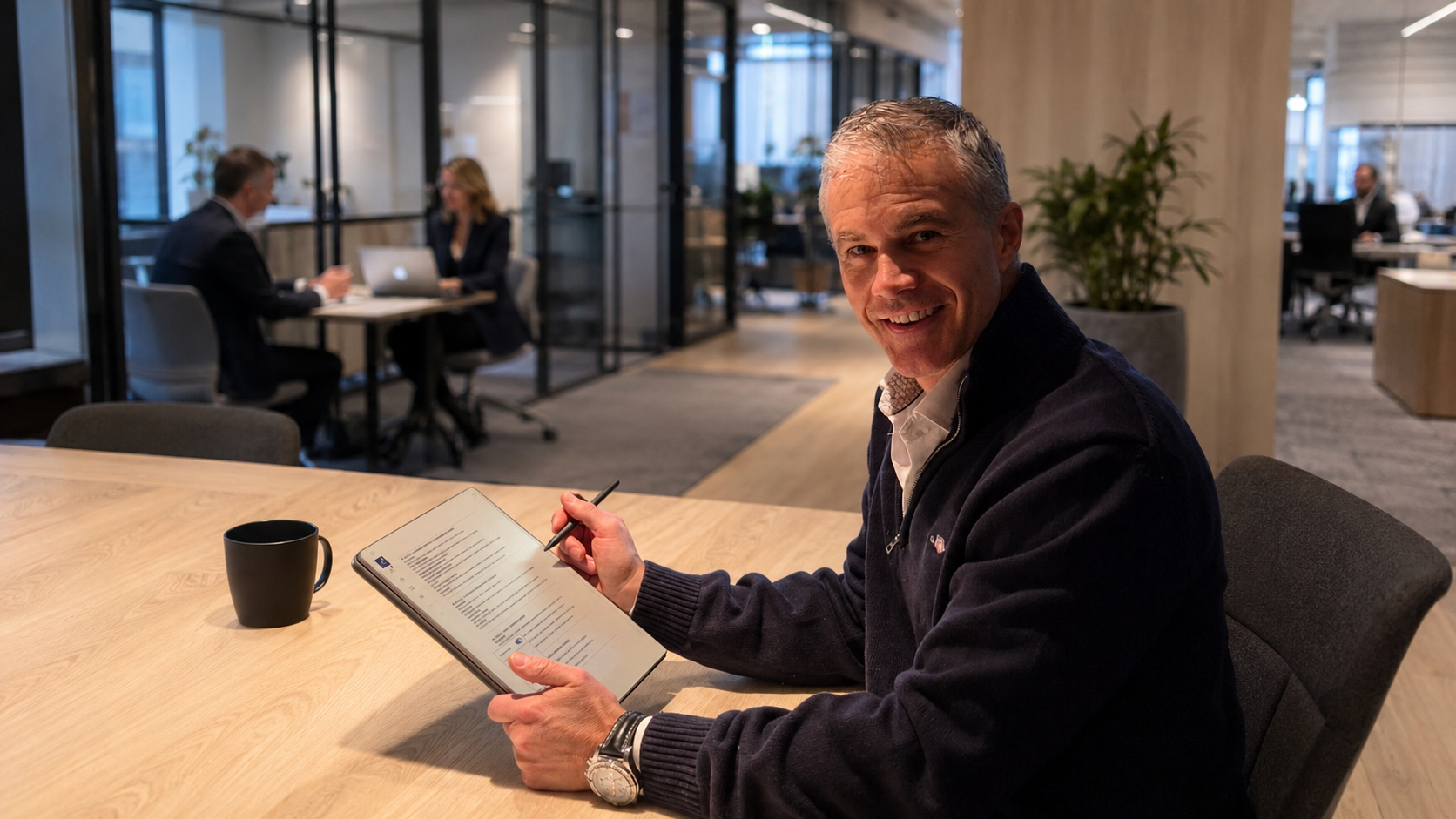 Marius Ottesen i arbeid med informasjon og beslutningsgrunnlag i et profesjonelt kontormiljø