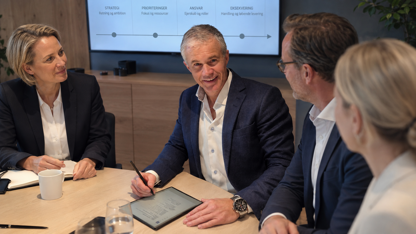 Marius Ottesen i ledergruppedialog om strategi, prioriteringer og gjennomføring.